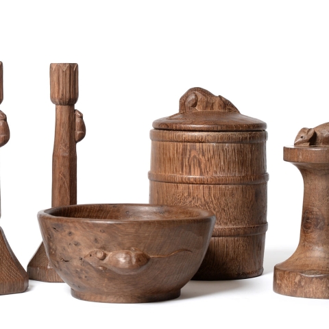 Four lots from a Private Collection of Robert ‘Mouseman’ Thompson, made for Patricia Kirk of Kilburn, including an Oak Jar and Cover (Sold for a hammer price of £3,400), and an unusual bobbin-form Oak Candlestick (Sold for a hammer price of £1,700)