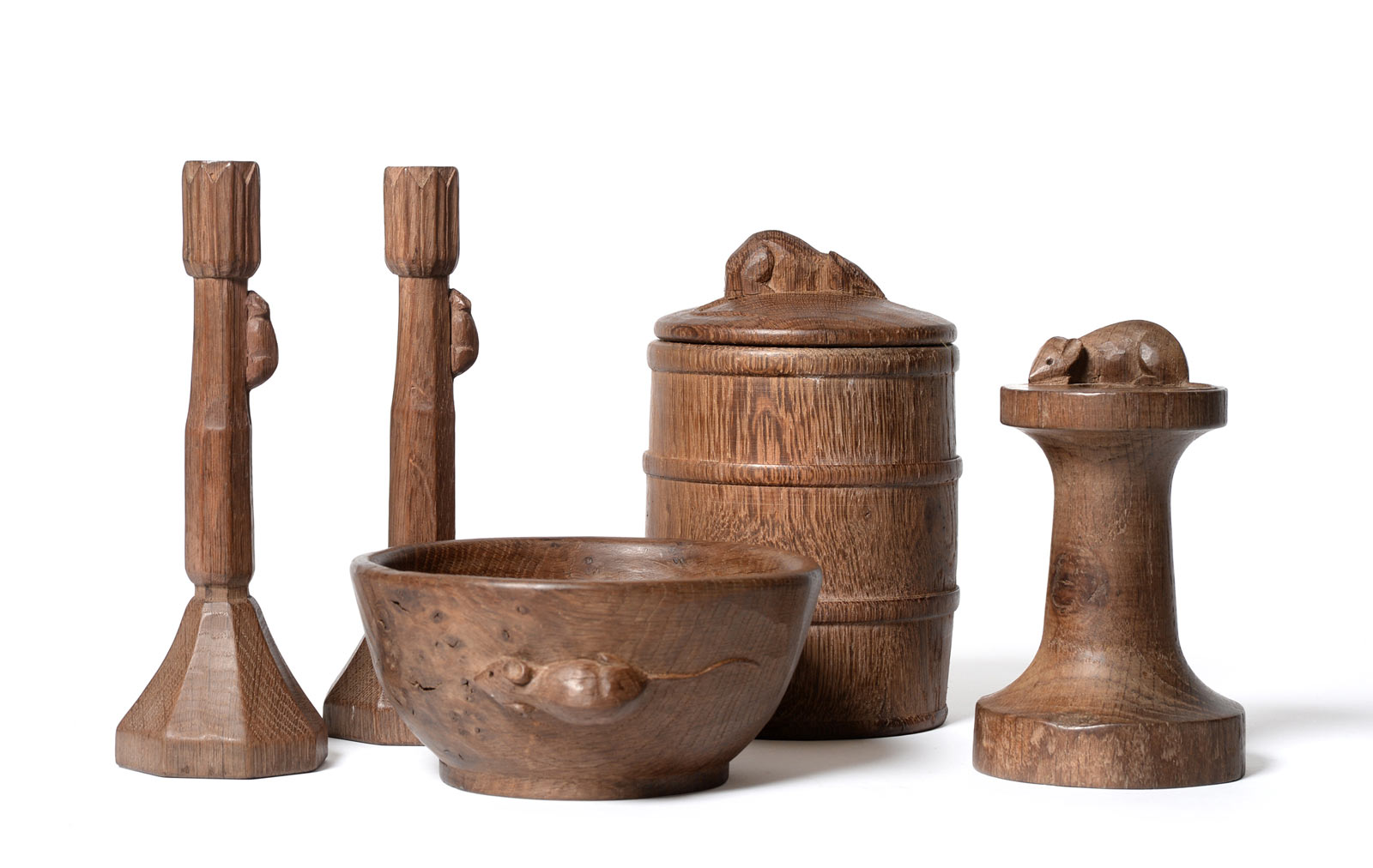 Four lots from a Private Collection of Robert ‘Mouseman’ Thompson, made for Patricia Kirk of Kilburn, including an Oak Jar and Cover (Sold for a hammer price of £3,400), and an unusual bobbin-form Oak Candlestick (Sold for a hammer price of £1,700)