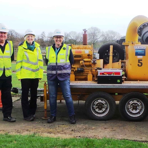 Brian Stott, Eve Pierrepont and Michelle Lovewell all from Yorkshire Water with one of the pumps