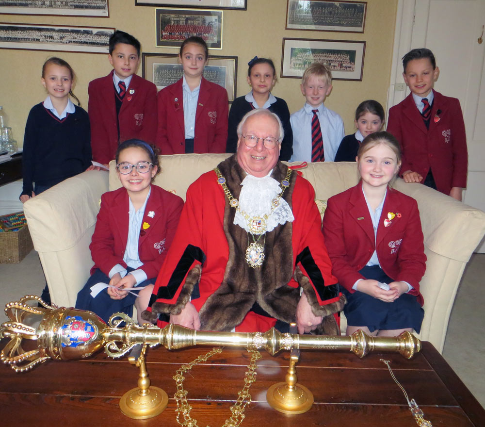 Mayor of Harrogate Coun Nick Brown surrounded by Belmont Grosvenor School’s School Council and Year 6 Leadership Team