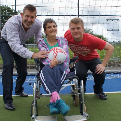 Positive Image! Former England, Leeds and Everton goalkeeper Nigel Martyn (left) with Disability Action Yorkshire Care Home customer Eliza Bennett and Disability Action Yorkshire employee James Parker, at the launch of the charity’s Own Goals buddying initiative