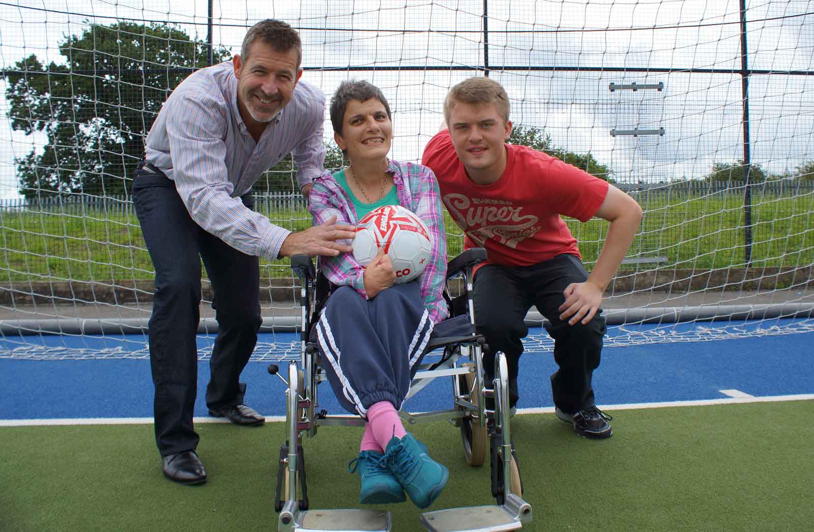 Positive Image! Former England, Leeds and Everton goalkeeper Nigel Martyn (left) with Disability Action Yorkshire Care Home customer Eliza Bennett and Disability Action Yorkshire employee James Parker, at the launch of the charity’s Own Goals buddying initiative