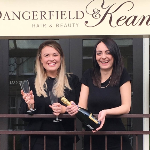 Kate Borgen (left) and Rachel Hodgson celebrating outside the Dangerfield & Keane salon on Coldbath Road, Harrogate