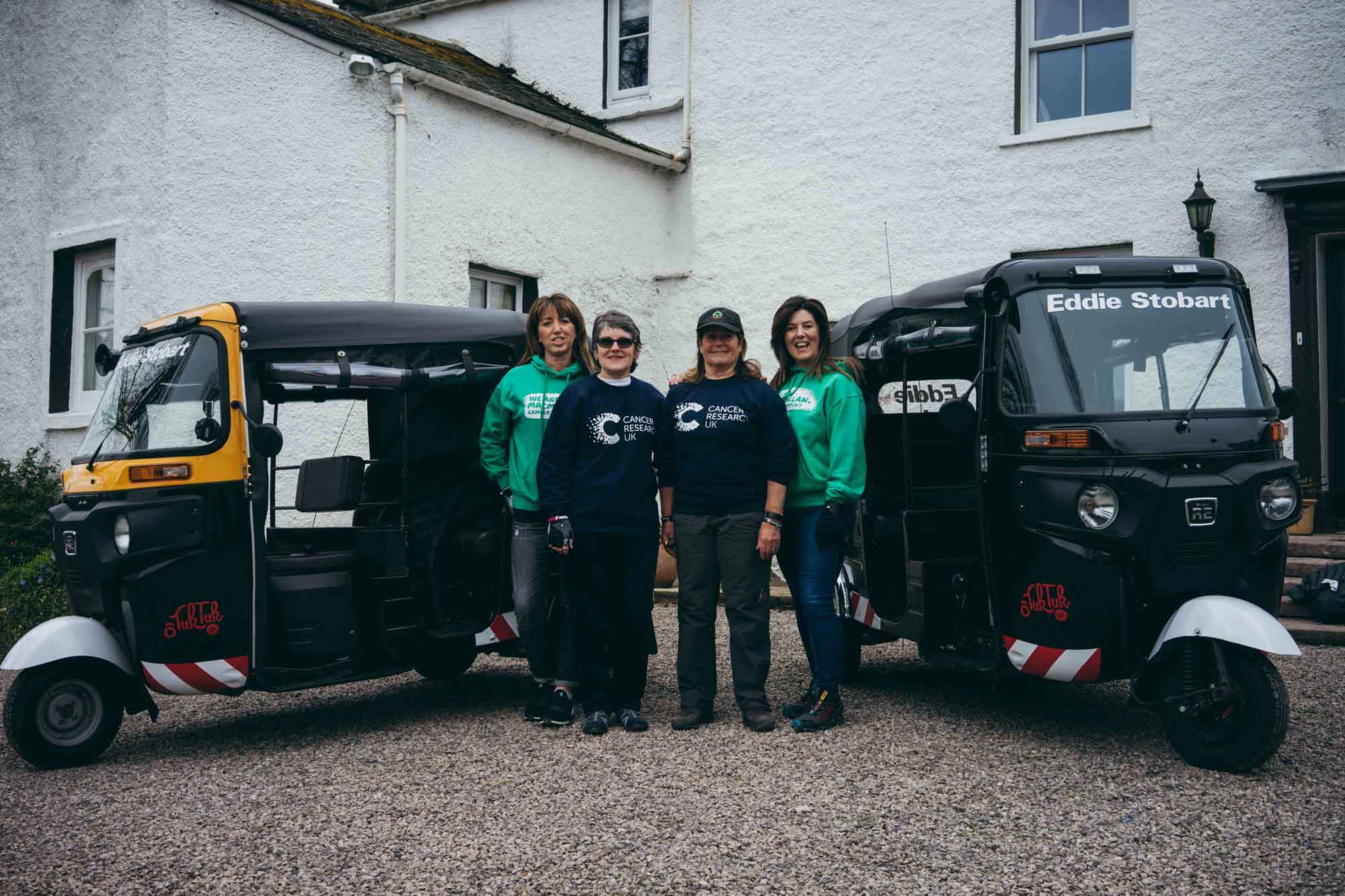 The Beijing Biddies team pictured with their Tuk Tuks. They are (L-R): Helen Stobart, Kate Sleath, Edwina Sorkin and Liz Tinkler.