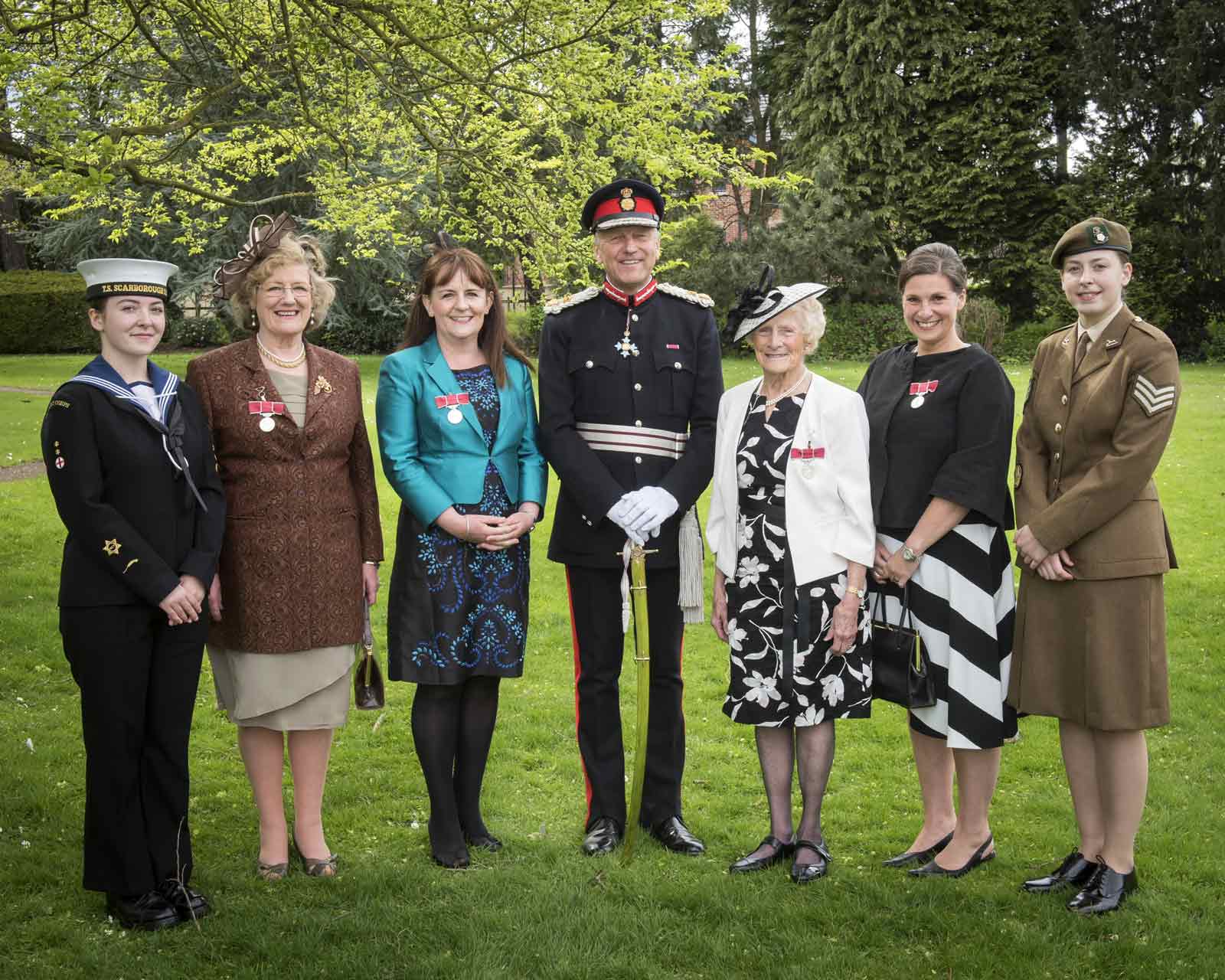 Phoebe Donbavand, Lord-Lieutenant Cadet; Jennifer Caswell Hildyard; Michelle Beckett; The Lord-Lieutenant; Mabel McGurk; Trudi Abadi; and Jaimee Mcfarlane, Lord-Lieutenant Cadet.