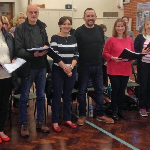 All Together Now Community Choir rehearsing ‘One Day Like This’ by Elbow with Kathryn Scott (Blue &white jumper) from the Almsford Community Fun Day team