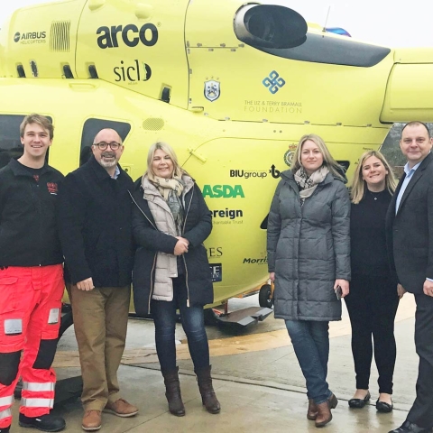 From L to R: Yorkshire Air Ambulance paramedic Kit von Mickwitz, BIU Group Directors Barry Wilson, Helen Walker and Louise Knapton with BIU Charity Partnership Manager Wendy Yarney and Yorkshire Air Ambulance Director of Fundraising Paul Gowland
