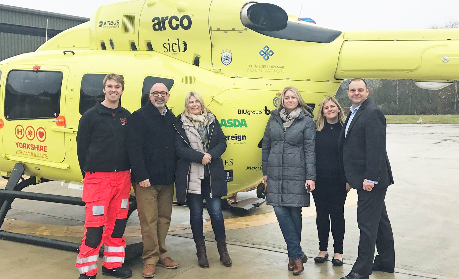 From L to R: Yorkshire Air Ambulance paramedic Kit von Mickwitz, BIU Group Directors Barry Wilson, Helen Walker and Louise Knapton with BIU Charity Partnership Manager Wendy Yarney and Yorkshire Air Ambulance Director of Fundraising Paul Gowland
