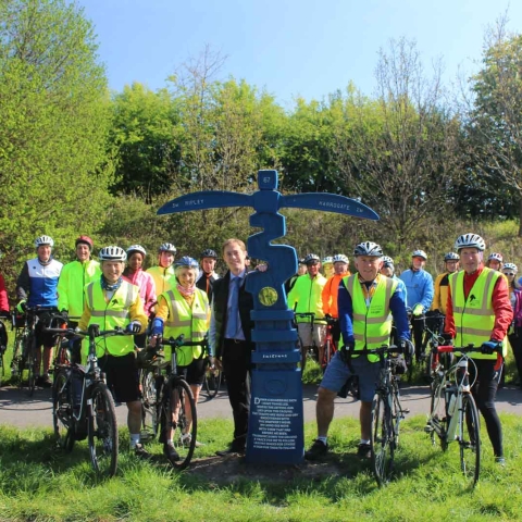 (left-right): Background: Cyclist from the Wheel Easy Cycling Club. Foreground: Malcolm & Gia Margolis from Wheel Easy Cycling Club / Sustrans Rangers, Andrew Norman Harrogate Borough Council’s Transport Projects Officer, Kevin Douglas, Martin Weeks (both Harrogate District Cycle Action).