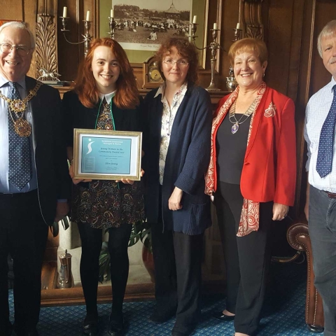 Mayor Coun Nick Brown, Student Ellen Young, Mother Fiona Young, Soroptimist President Pat Shore and Monsieur Le Bourdon of Harrogate Grammar School