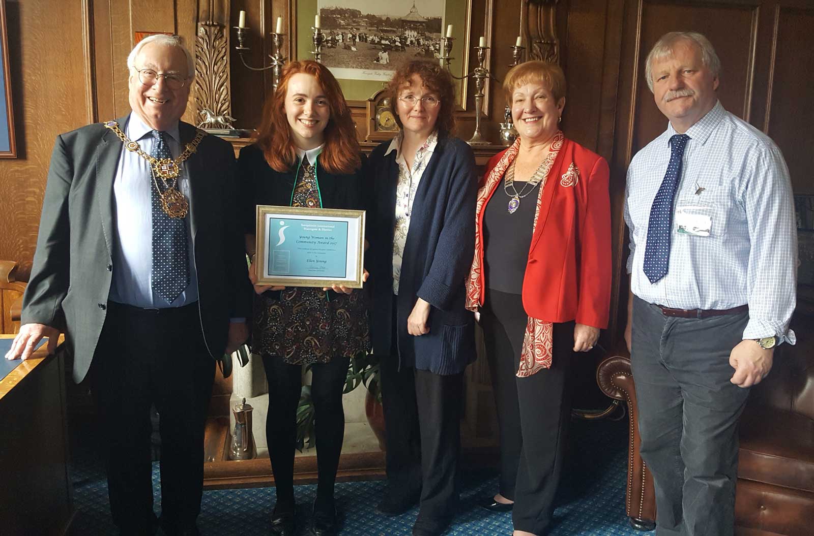 Mayor Coun Nick Brown, Student Ellen Young, Mother Fiona Young, Soroptimist President Pat Shore and Monsieur Le Bourdon of Harrogate Grammar School