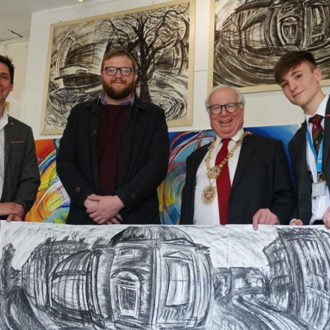 Ashville A-level art student Oli Butterworth and his highly-commended work with (from left) judges David Morland, Andrew Mortimer and Coun Nick Wood