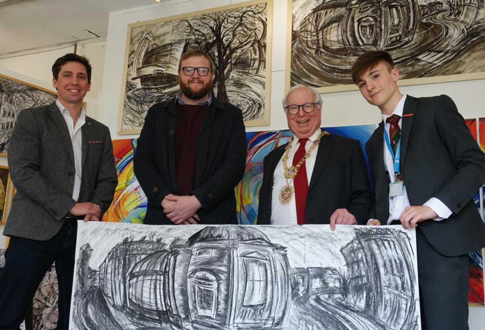 Ashville A-level art student Oli Butterworth and his highly-commended work with (from left) judges David Morland, Andrew Mortimer and Coun Nick Wood