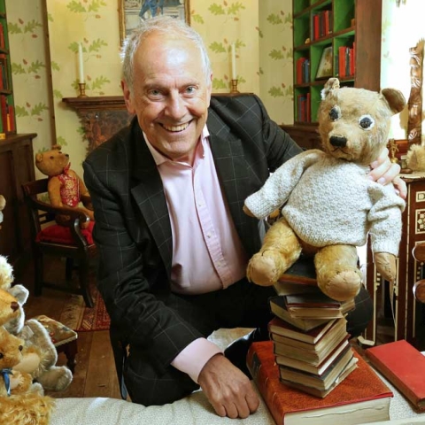 Gyles Brandreth welcomes Dame Judi Dench’s ‘Bear’ to the Newby Hall teddy bear collection,  the world’s largest collection of famous teddy bears