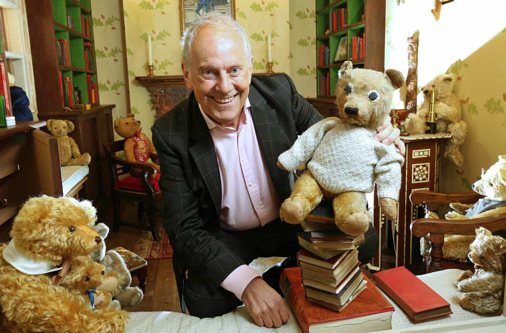 Gyles Brandreth welcomes Dame Judi Dench’s ‘Bear’ to the Newby Hall teddy bear collection,  the world’s largest collection of famous teddy bears