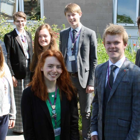 Back row, left to right – Tom Godfrey, Amy Wotherspoon, Izzy Wood, Eve Long, Jacob Connell and Ed Lee. Front Row, left to right – Head Girl, Ellen Young and Head Boy, George Kendall