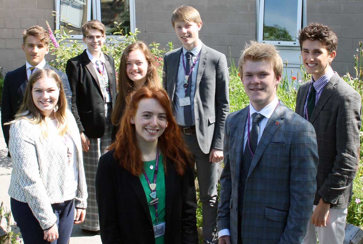 Back row, left to right – Tom Godfrey, Amy Wotherspoon, Izzy Wood, Eve Long, Jacob Connell and Ed Lee. Front Row, left to right – Head Girl, Ellen Young and Head Boy, George Kendall