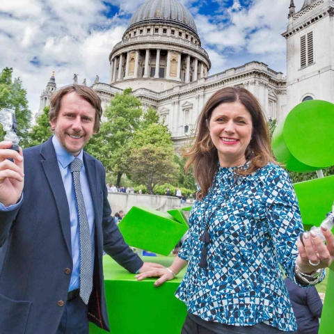 Keep Britain Tidy CEO Allison Ogden-Newton and Harrogate Water MD James Cain demonstrate just how small a plastic water bottle can shrink in size