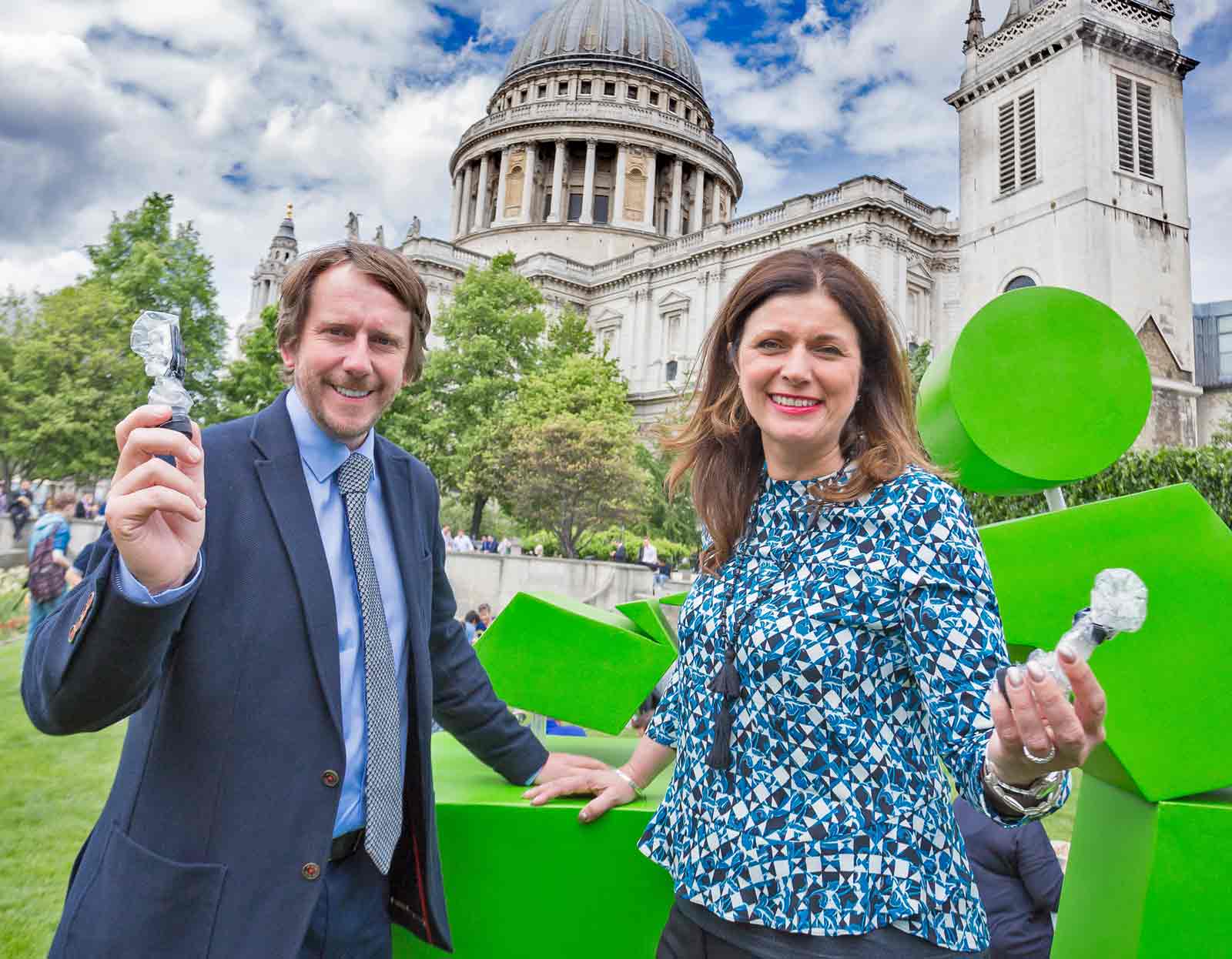 Keep Britain Tidy CEO Allison Ogden-Newton and Harrogate Water MD James Cain demonstrate just how small a plastic water bottle can shrink in size