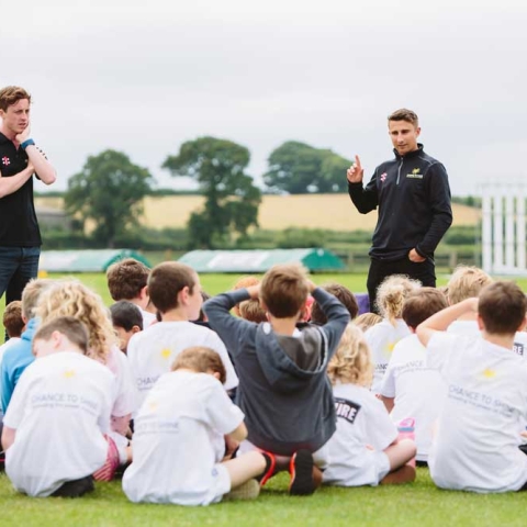 James Taylor hosting a Q&A with the Spofforth Primary School Children at Yorkshire Tea National Cricket Week Festival