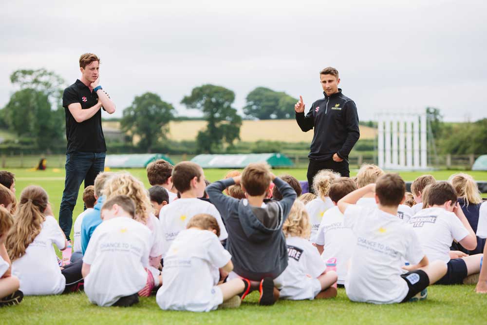 James Taylor hosting a Q&A with the Spofforth Primary School Children at Yorkshire Tea National Cricket Week Festival