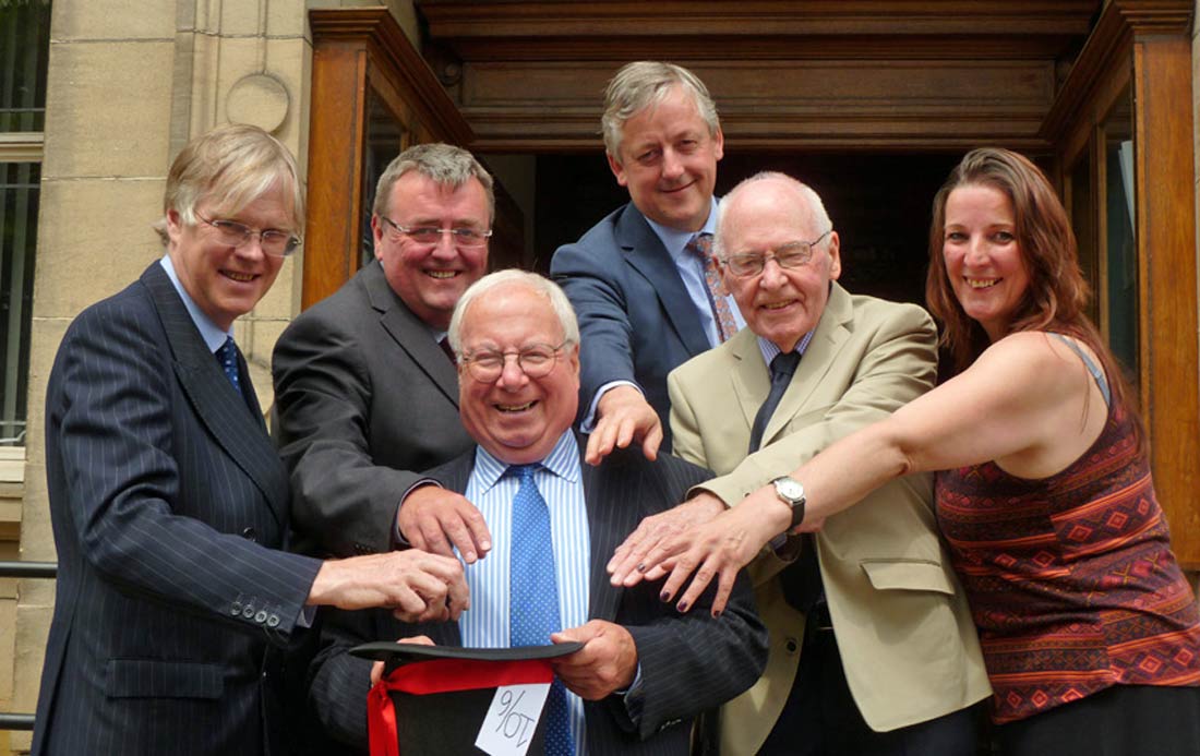 The luckiest dip of all! The previous Mayor of the Borough of Harrogate, Coun Nick Brown, centre, invites the recipients of the funds raised at his Magical Spring Ball to take their cheques for £26,200 from the Mad Hatter’s hat. From left are Sir Andrew Lawson-Tancred, Tony Collins, Michael Furse, Peter Thompson and Liz Hancock