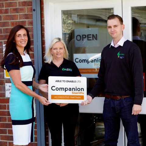Companion’s Lyndsey Jackson-Smith welcomes Pam Taylor and Lewis Gibson of mobility shop Able to Enable to its Accredited Partners scheme for stairlift and accessible bathing solutions.