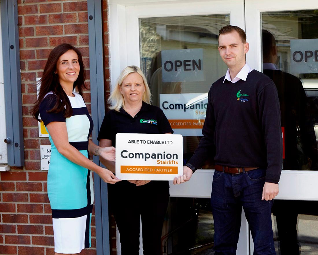 Companion’s Lyndsey Jackson-Smith welcomes Pam Taylor and Lewis Gibson of mobility shop Able to Enable to its Accredited Partners scheme for stairlift and accessible bathing solutions.