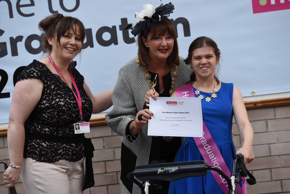 Principal Angela North, the Mayor of Harrogate, Coun Anne Jones, and award winner Lauren Allum