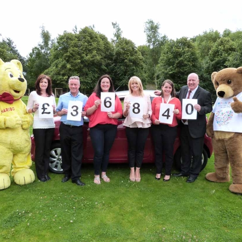Julie Beaman of HARIBO, Martin House corporate fundraiser John Haigh, car winner Anna Byrom, Calendar’s Christine Talbot, director of fundraising Jodie Shepherd and Peter Dean of Evans Halshaw Citroen Leeds