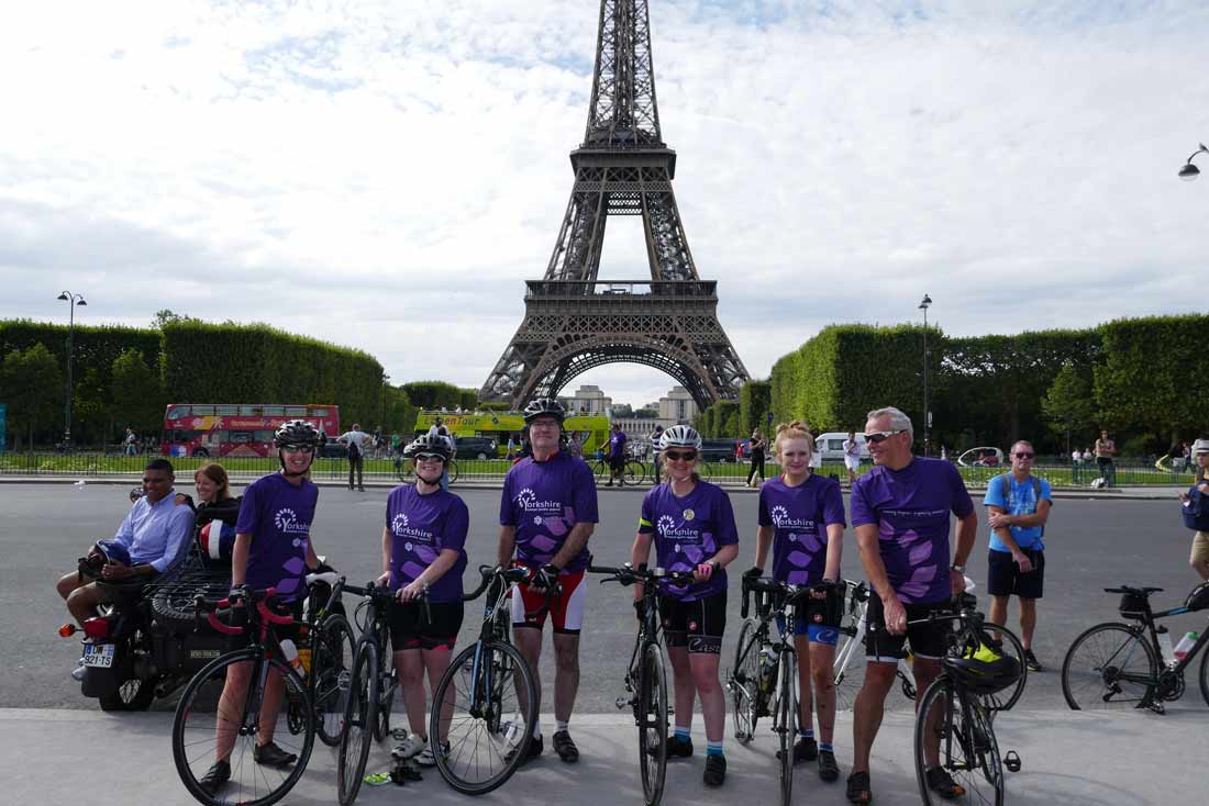 Samantha Harrison of Continued Care completed the London to Paris Bike Ride in aid of the Yorkshire Cancer Centre, with daughter Amy and friends Louise Annat, Andy Roberts, and Jon and Sally  Hatchard