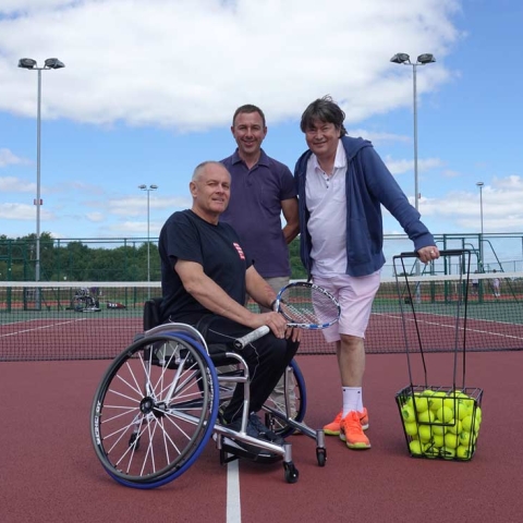 Former North Yorkshire County councillor David Simister (centre); HSTC chairman Steve Reffitt and wheelchair tennis player Paul Welch