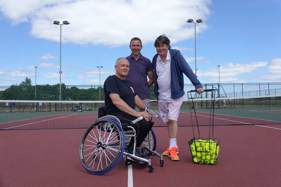 Former North Yorkshire County councillor David Simister (centre); HSTC chairman Steve Reffitt and wheelchair tennis player Paul Welch