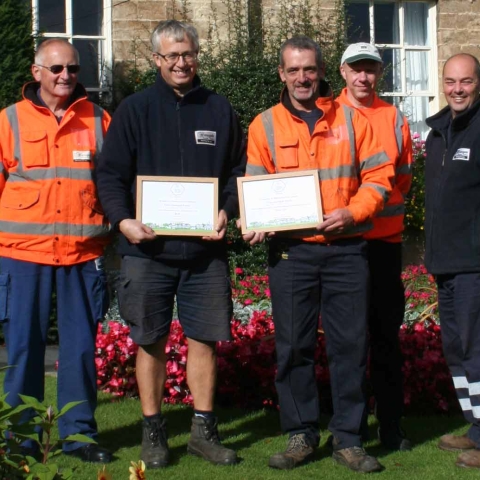 Harrogate Borough Council parks team members Martin Spence, James Howitt, Keith Whincup, David Todd, Andrew Harrison celebrate Knaresborough Castle and Knaresborough House’s success in the Yorkshire in Bloom awards