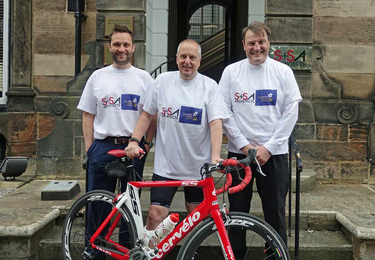 Charity Ride Recruitment Driver! Disability Action Yorkshire Chair Neil Revely is flanked by S+SA Architects directors Mark Fisher and Joel Smith