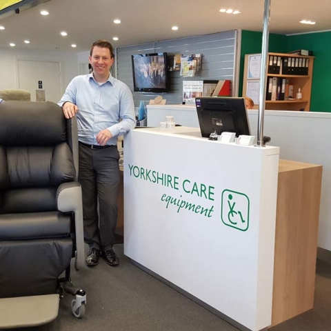 Tom Hulbert (Company CEO) and George Hulbert (Sales Director of Yorkshire Care Equipment) with the new Lento care chair in our Harrogate showroom