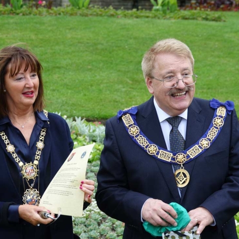 Harrogate Mayor, Coun Mrs Anne Jones and David S Pratt, the Provincial Grand Master of the Freemasons Province of Yorkshire West Riding