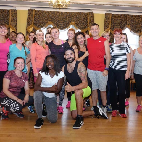 Charity Fundraisers! Zumbathon organier Fernando Samento De Alenca (front right) and fellow Zumba teacher Vania Goncalves (front left) with Zumba students, many of whom are participating in Saturday’s charity event