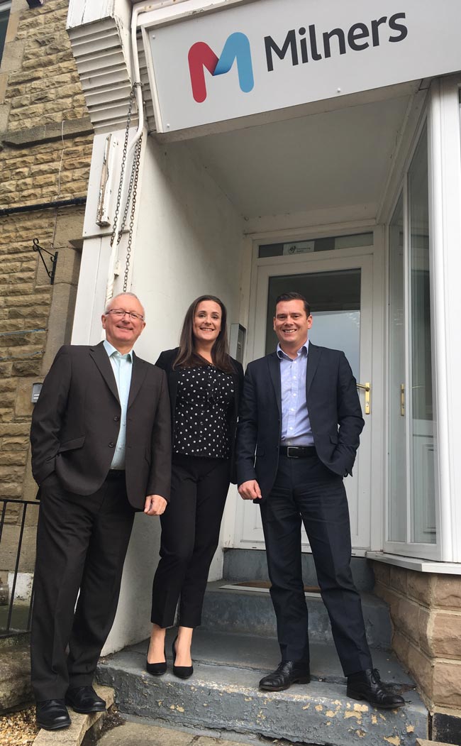 Milners’ latest Harrogate recruit John Robson,left, with Jessica Savage and Mat Hayne