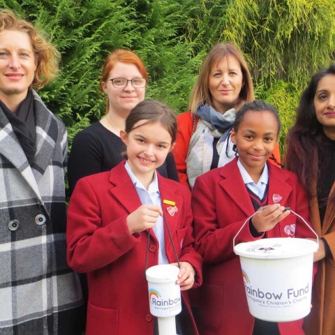 Belmont Grosvenor School PTA Chair Emily Evans, BGS Charities Co-ordinator Hannah Parker, Caroline Carter and Manraj Sanghera of The Rainbow Fund with BGS charities prefects Annabelle Barlow and Javon Davis