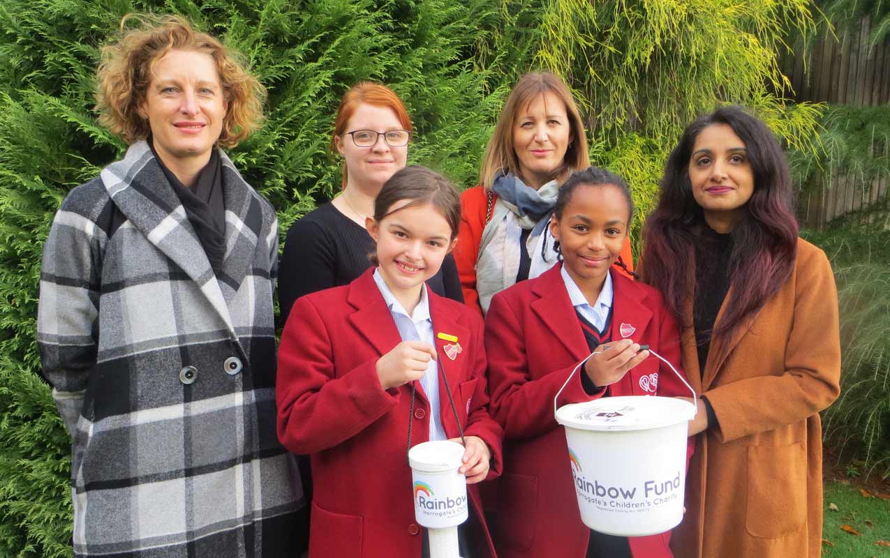 Belmont Grosvenor School PTA Chair Emily Evans, BGS Charities Co-ordinator Hannah Parker, Caroline Carter and Manraj Sanghera of The Rainbow Fund with BGS charities prefects Annabelle Barlow and Javon Davis