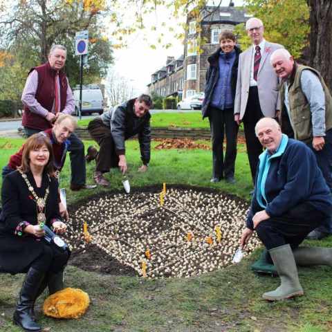 he Mayor of the Borough of Harrogate, Councillor Anne Jones (second from left), joined local members of the United Grand Lodge of England and Harrogate Borough Council’s Parks team to plant the bulbs on Well Hill in Harrogate