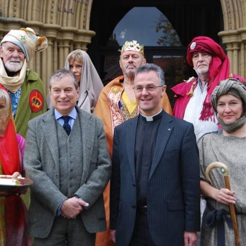 Below: Back Row: left to right – David Wells (Balthazar), Marilyn Broad (Joseph’s aunt), Bob Scott (King Herod), John Holmes (Caspar). Front Row: left to right – Jayne Bailey (Producer), John Middleton (Narrator), The Very Rev John Dobson (Dean of Ripon Cathedral), Carolyn Collin (Producer).