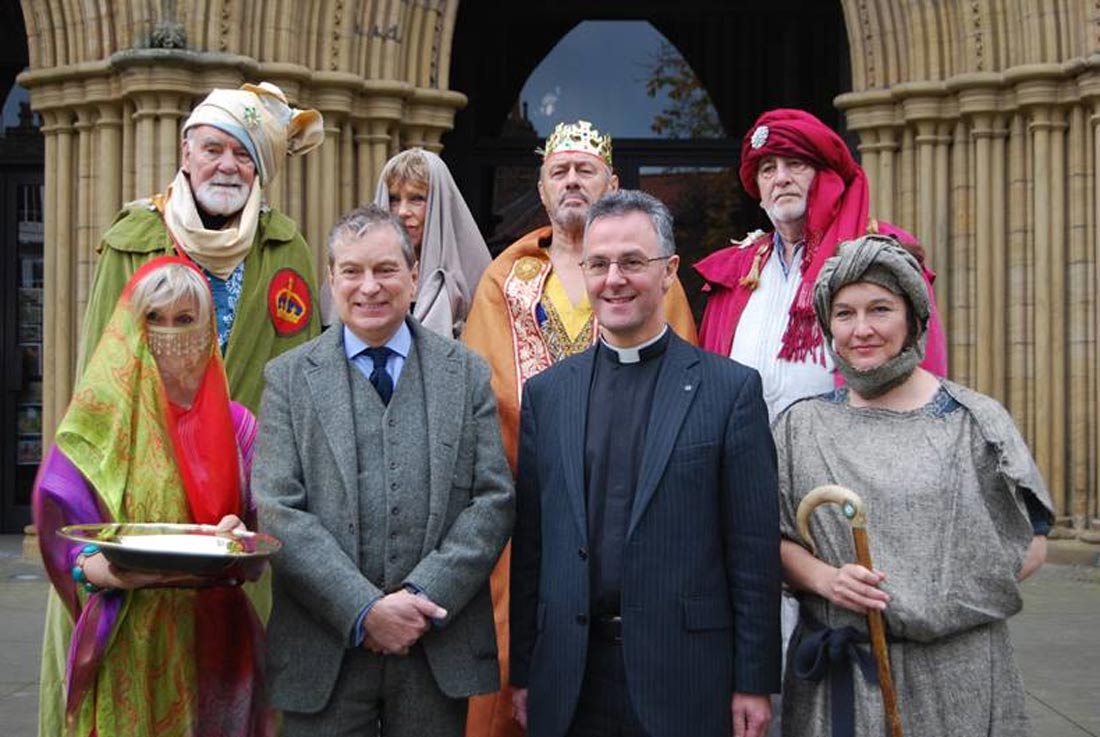 Below: Back Row: left to right – David Wells (Balthazar), Marilyn Broad (Joseph’s aunt), Bob Scott (King Herod), John Holmes (Caspar). Front Row: left to right – Jayne Bailey (Producer), John Middleton (Narrator), The Very Rev John Dobson (Dean of Ripon Cathedral), Carolyn Collin (Producer).