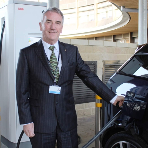 Councillor Phil Ireland, Harrogate Borough Council’s cabinet member for sustainable transport, tries out one of the three new rapid electric car chargers for public use at the council’s civic centre