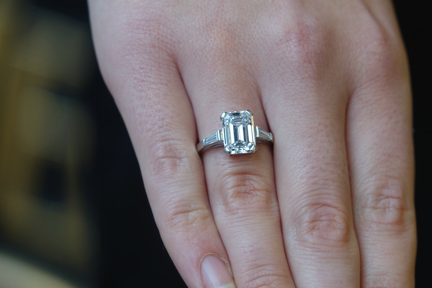 This beautiful stone is 4.19cts (to be precise) and has been classified by the GIA as flawless in clarity and D in colour, the most perfect you can get on the scale. It is set in a 4 claw platinum ring with tapered baguette shoulders and available at a price of £194,500