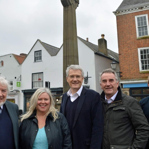 Andrew Jones MP in Knaresborough Market Square with (L-R), Councillor John Batt, resident Samantha Mearns, Councillor Phil Ireland and Councillor Ed Darling