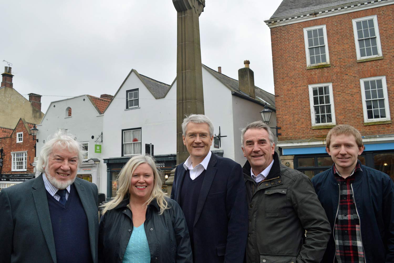 Andrew Jones MP in Knaresborough Market Square with (L-R), Councillor John Batt, resident Samantha Mearns, Councillor Phil Ireland and Councillor Ed Darling