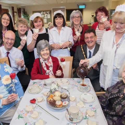 Care staff, family members and residents celebrate Dignity Day with County Councillor Caroline Dickinson, Executive Member for Public Health (back row second from right); Richard Webb, North Yorkshire’s director for adult social care and health integration (front row second from left) and Cllr Stuart Parsons, Mayor of Richmond