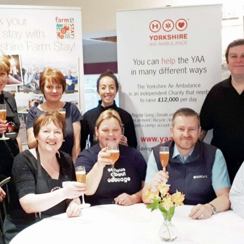 Bring on the Big Breakfasts! Pictured at St George’s Court are, standing from left, Julie Houseman, of The Old Calf Shed B&B, Prospect House Farm, Lindley, Otley, Liz Gudgeon, Crown Cottage Farm B&B, Embsay, Skipton, and the Yorkshire Air Ambulance’s North Yorkshire Community Fundraiser Olivia Mulligan and volunteer Alan Broadfoot. Seated, from left, are Christine Ryder, of Scaife Hall Farm B&B, Blubberhouses, also a trustee of the Addington Fund, host Lindsey Hitchen, Ian Robson, Barclays’ regional agricultural manager and the bank’s regional agricultural director John Pinches
